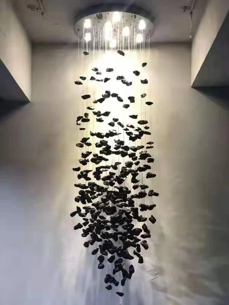 Luxe Crystal Chandelier: Modern Staircase & Lobby LED Lighting with Long Hallway Design