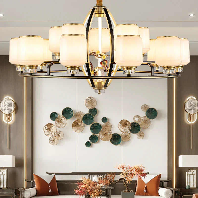 Chinese Natural Jade All Copper Chandelier for Luxury Living Room Villa