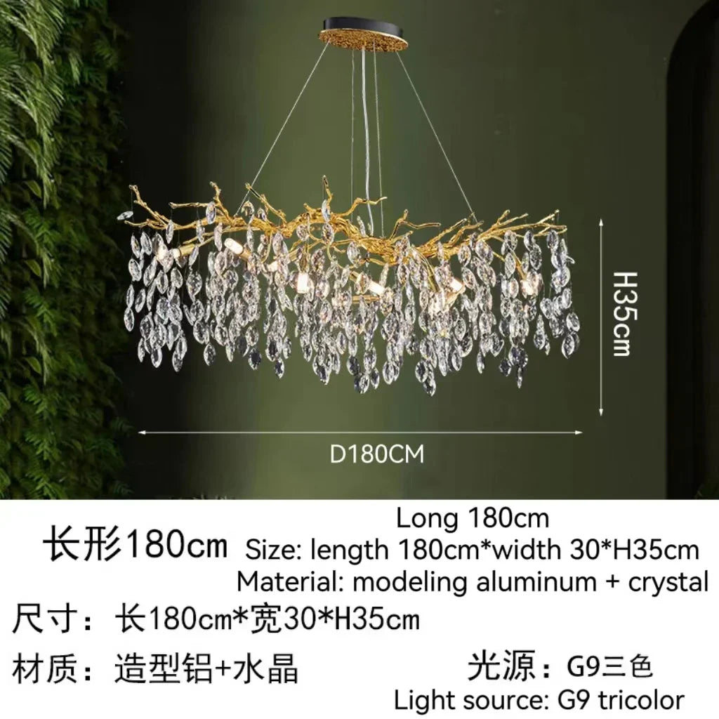 Golden Crystal Tree Chandelier, Luxury Matte Aluminum Art Ceiling Light for Living Room