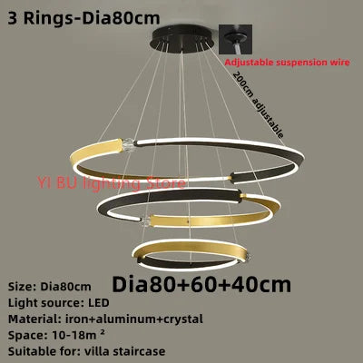 Black Gold LED Ceiling Chandelier Crystal Decorative Pendant Lamp for Dining Room Bedroom