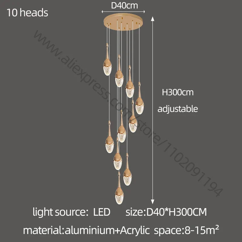 Gold LED Staircase Chandelier: Elegant Luxury Large Pendant Lamp for Living Room