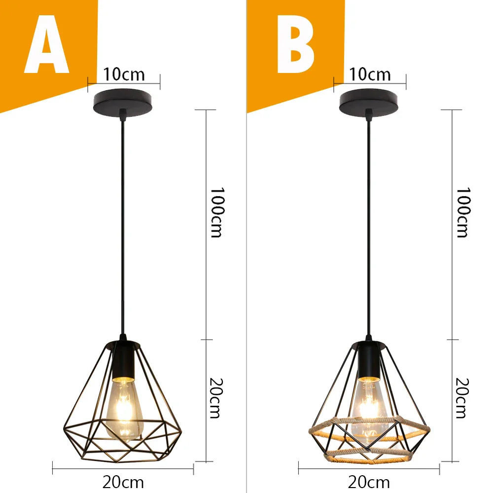 Black Metal Cage Pendant Light - Vintage Industrial Loft Kitchen Lighting