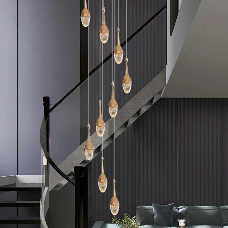 Gold LED Staircase Chandelier: Elegant Luxury Large Pendant Lamp for Living Room