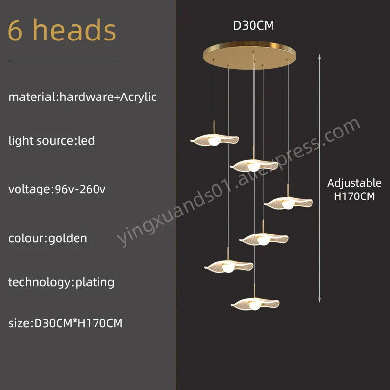 Gold Acrylic Chandeliers LED Pendant Lamp Modern Staircase Living Room Lighting