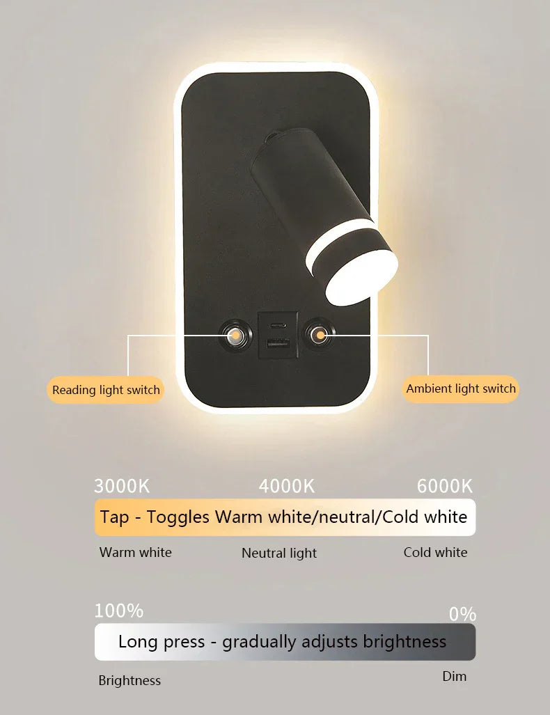 LED Wall Sconce Lamp Touch Switch USB Bedside Reading Light Tri-color Diammable