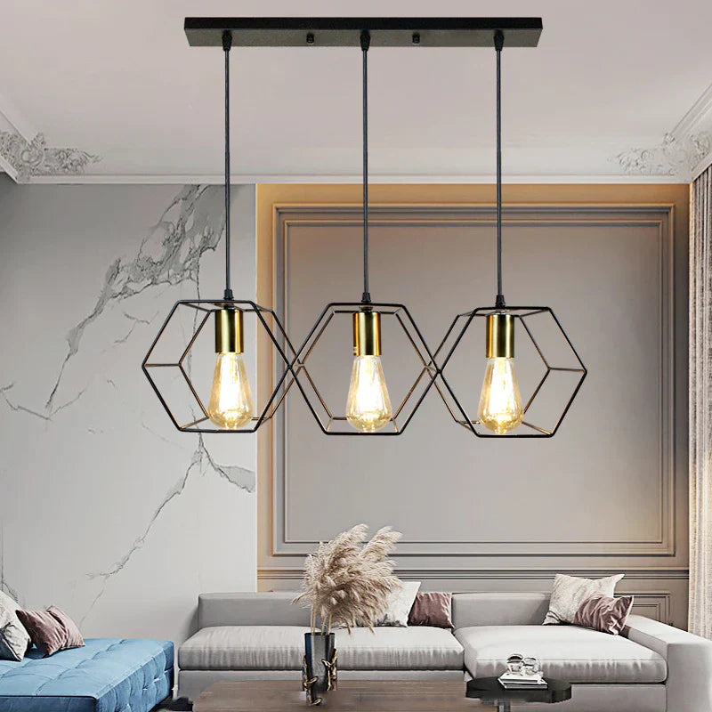 Geometric LED Chandelier: Modern Metal Frame Light for Dining Room or Bedroom