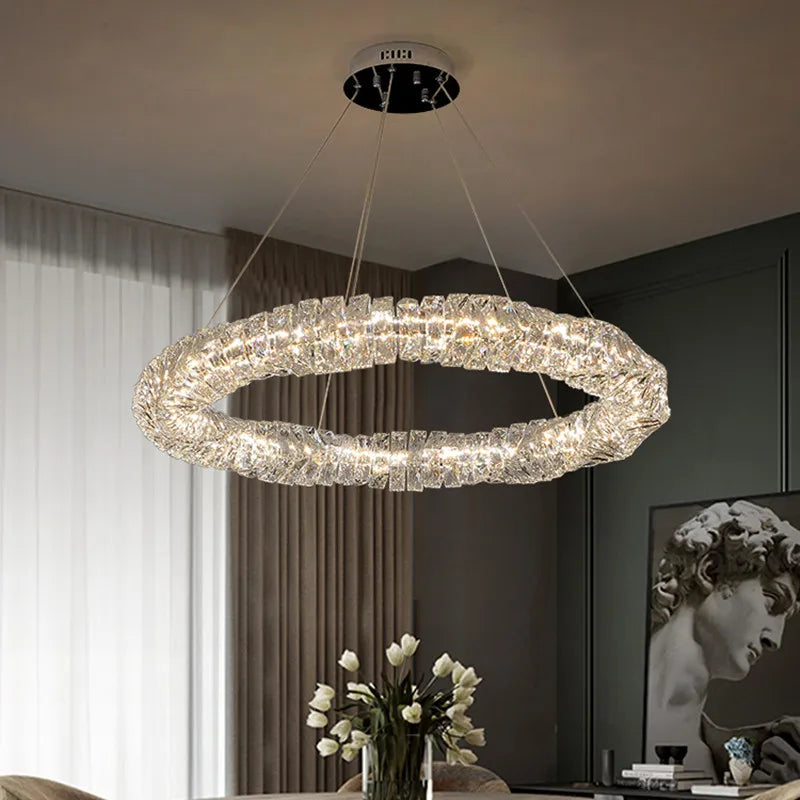 Luxury Crystal Pendant Chandelier for Modern Living Room, Dimmable LED Round Luminarias