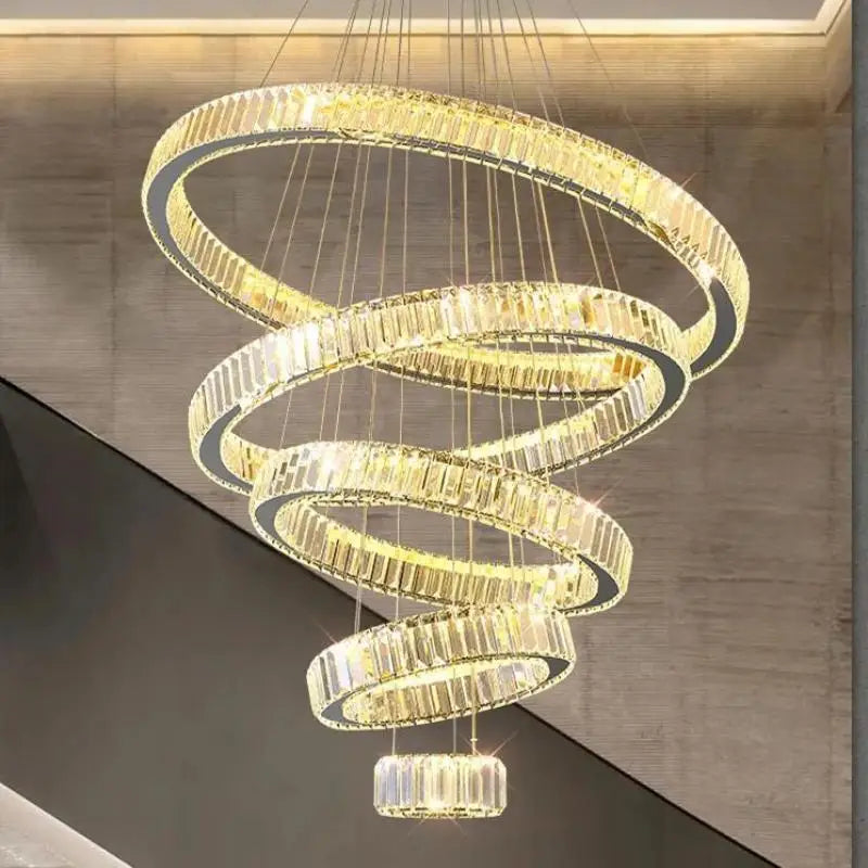 Crystal Circle LED Chandelier: Nordic Modern Stairs Pendant Lighting with Dimmable LED for Living Room