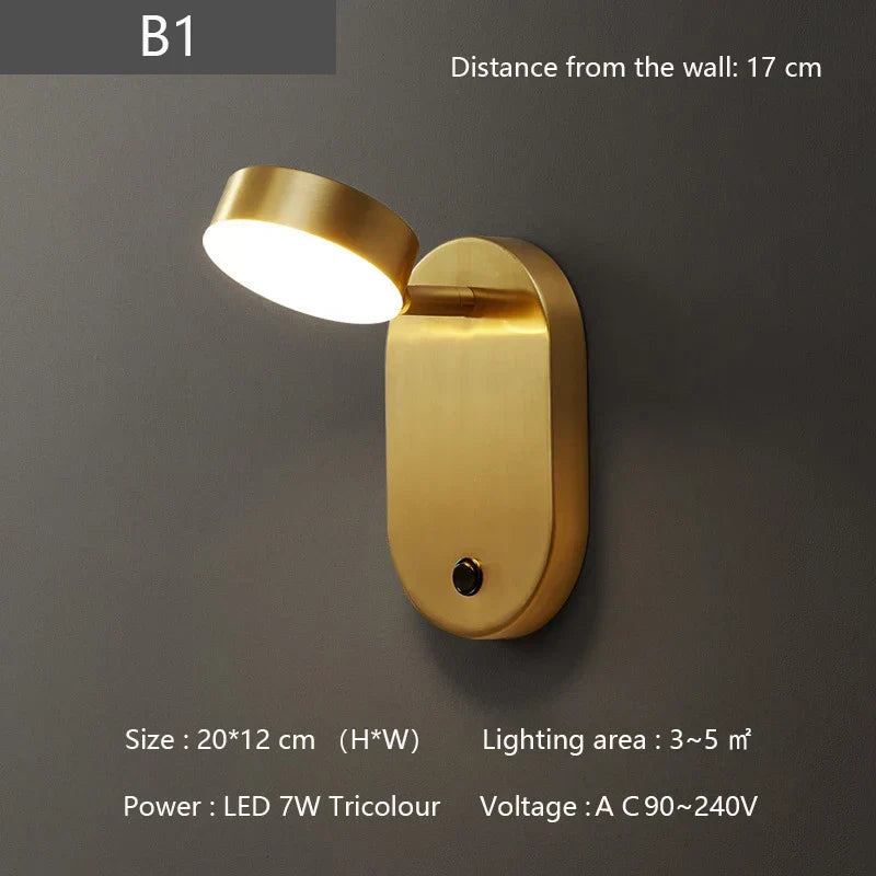 Nordic Brass Wall Lamp with Switch, Modern Minimalist Indoor LED Wall Light