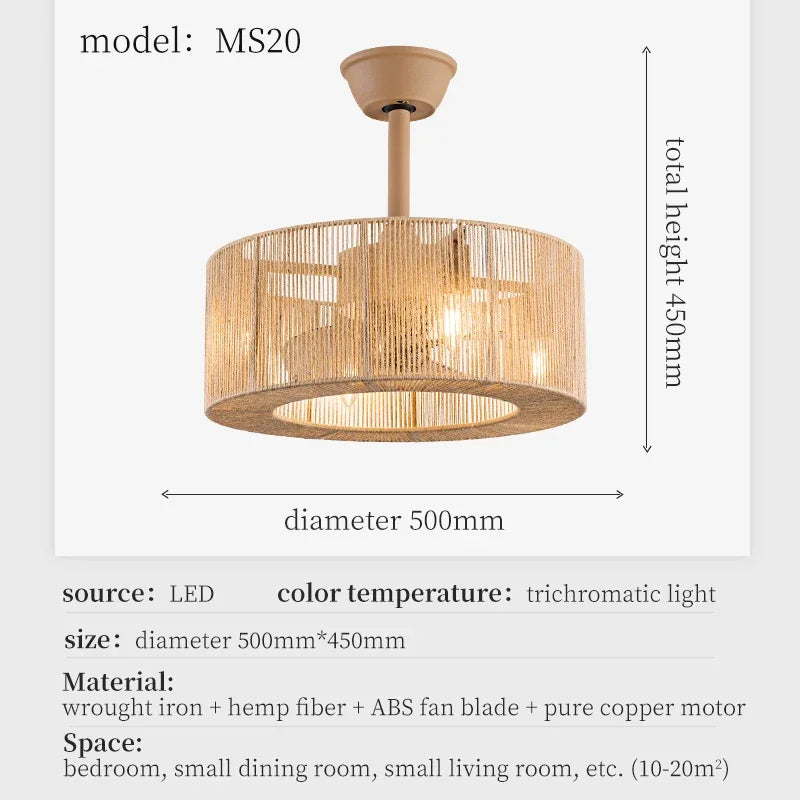 Braided Rope Lantern Ceiling Fan Light: Reversible, Dimmable, 6-Speed Home Decor