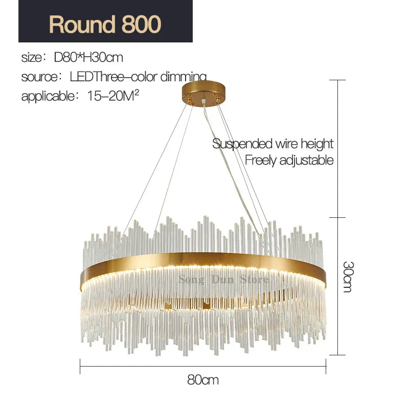 Crystal Rod Round Chandelier: Modern Nordic Light for Living Room, Bedroom, Dining Room, Kitchen