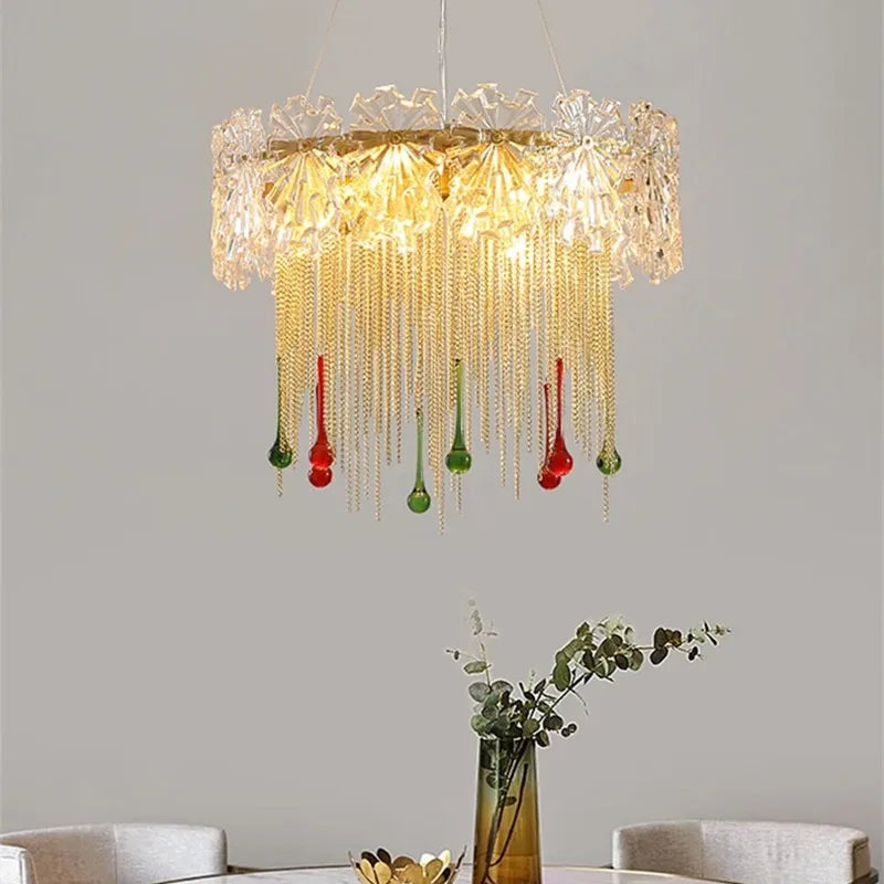 Water Drop Tassel Chandeliers: Luxe Circular LED Lustre Fixture for Home Decor