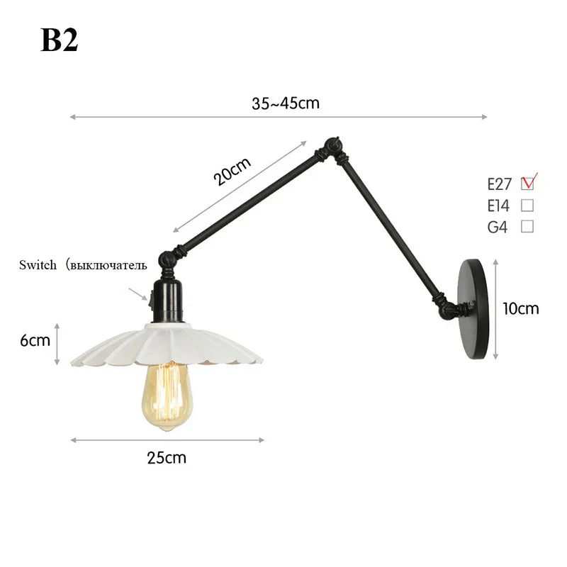 Retro Long Arm Bedside Wall Lamp with Switch - Black