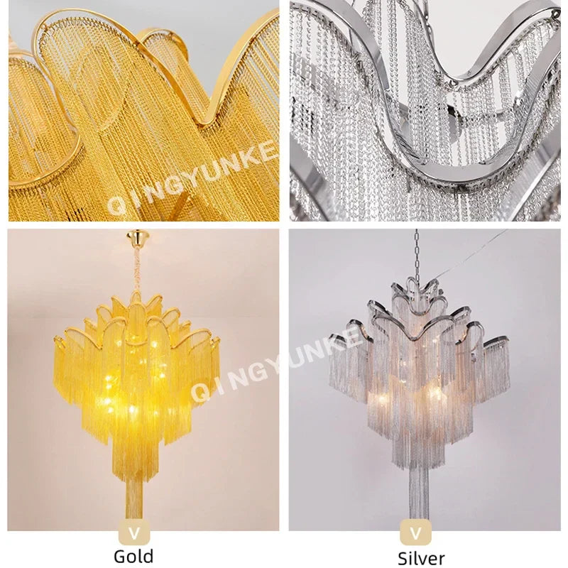 Fringed Chandelier: Silver & Gold Aluminium Chain Pendant Light for Luxe Home & Hotel Decor