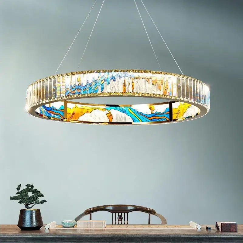 Luxury Enamel Chandelier Crystal Glass Pendant Light with LED Ring for Villa Decor