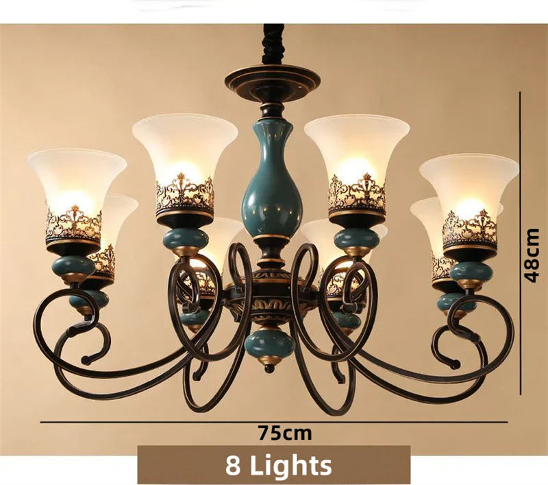 Vintage Ceramic Chandelier: European Classic Design, Glass Lampshade, Metal Arm Light