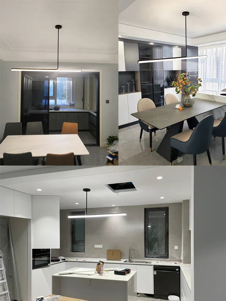 Modern Black Long Tube LED Chandelier for Dining Room, Dimmable Pendant Light