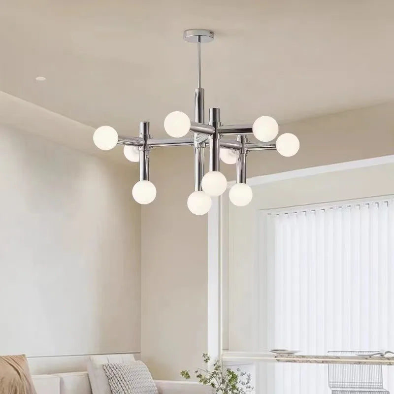 Tubular Chrome Chandelier with White Glass Shades - Modern Mid-Century Lighting