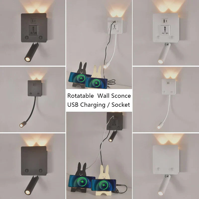 Rotatable LED Wall Sconce Lamp with USB Port & Socket for Bedrooms, Restaurants - White/Black