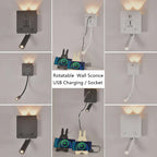 Rotatable LED Wall Sconce Lamp with USB Port & Socket for Bedrooms, Restaurants - White/Black