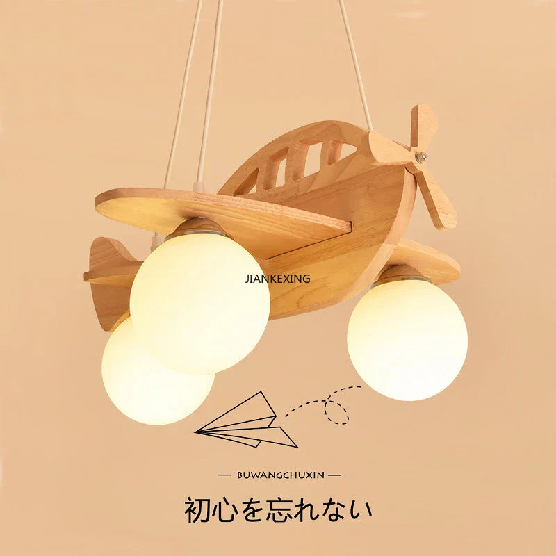 Kids Wood Airplane Chandelier LED Suspension Light for Boy's Bedroom