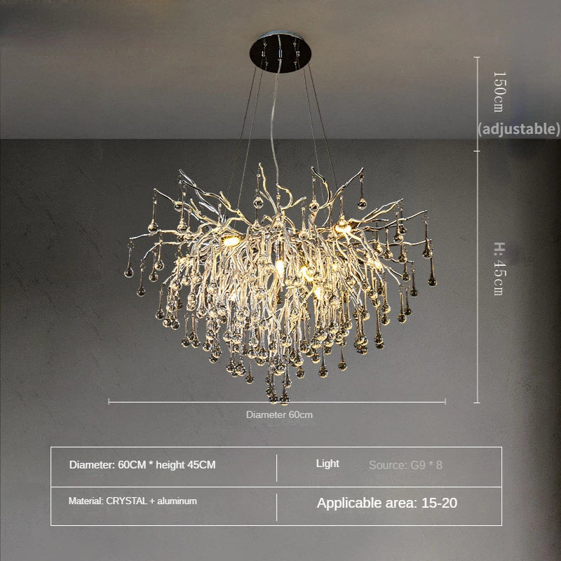 Crystal Water Drop Branch Chandelier: Luxury LED Lighting for Hall, Living Room, or Bar