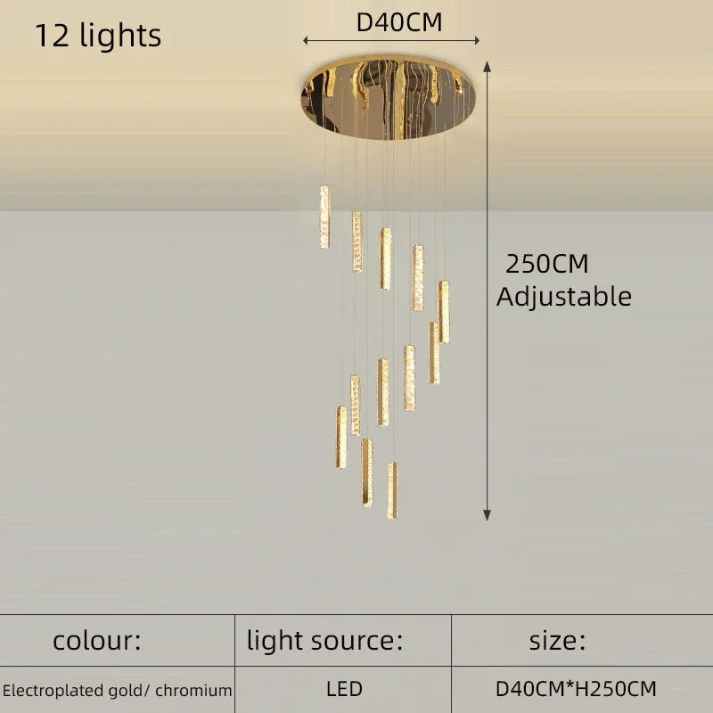 Luxury Crystal LED Chandelier for Modern Living Room and Spiral Staircase