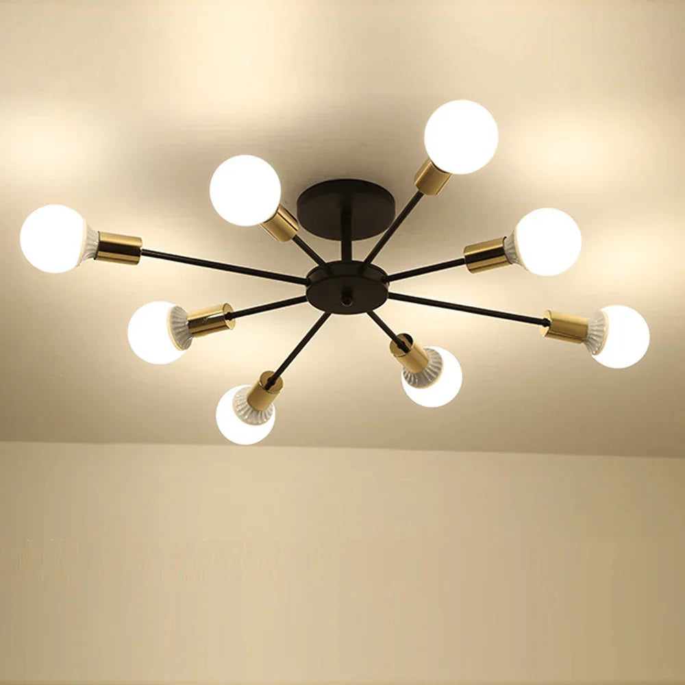 Industrial Rod Iron Wood Sputnik Chandelier Ceiling Lamp LED E27 Home Lighting