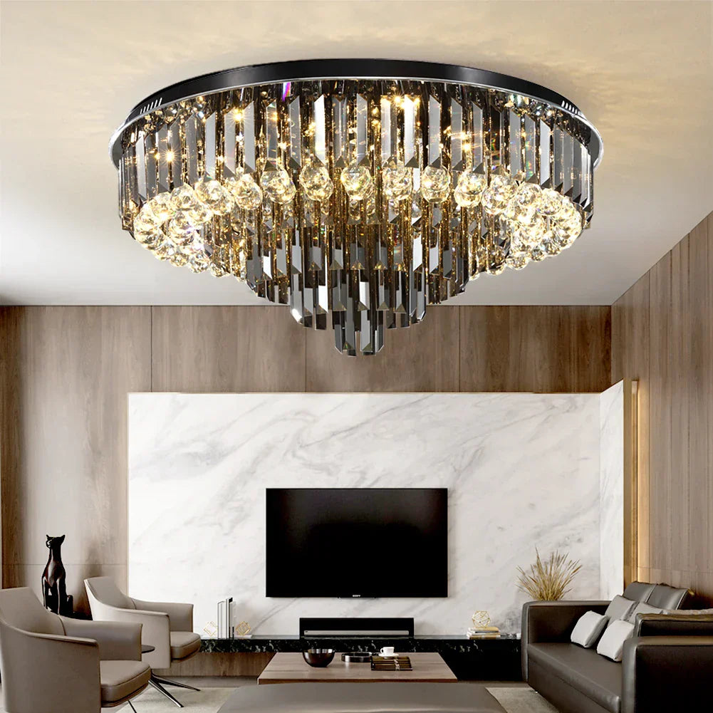 Crystal LED Chandelier: Modern Smoky Gray Clear Cristal Lighting for Big Living Room