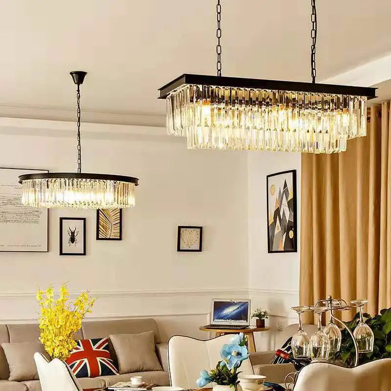 Gold Black Metal LED Chandelier with K9 Crystal - Retro Square Chain Pendant Lighting