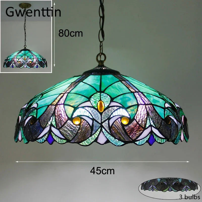 Mediterranean Tiffany Stained Glass Pendant Light Vintage Hanging Lamp Art Decor