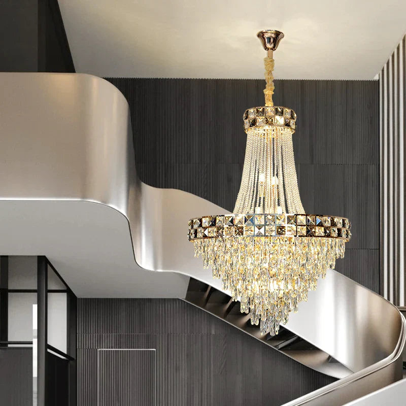Smart Dimming Crystal Chandelier for Luxury Villa Living Room, High-end Duplex Building Atmosphere