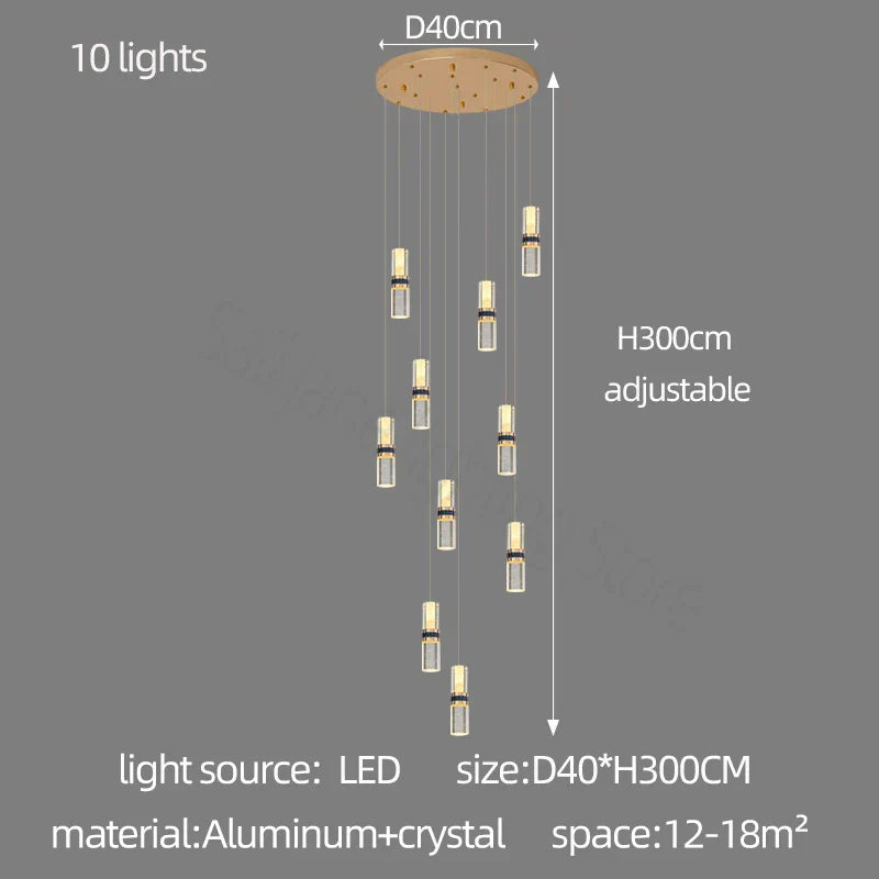 Crystal Columnar Chandelier Stair Light for Home, Restaurant, Bar, and Villa