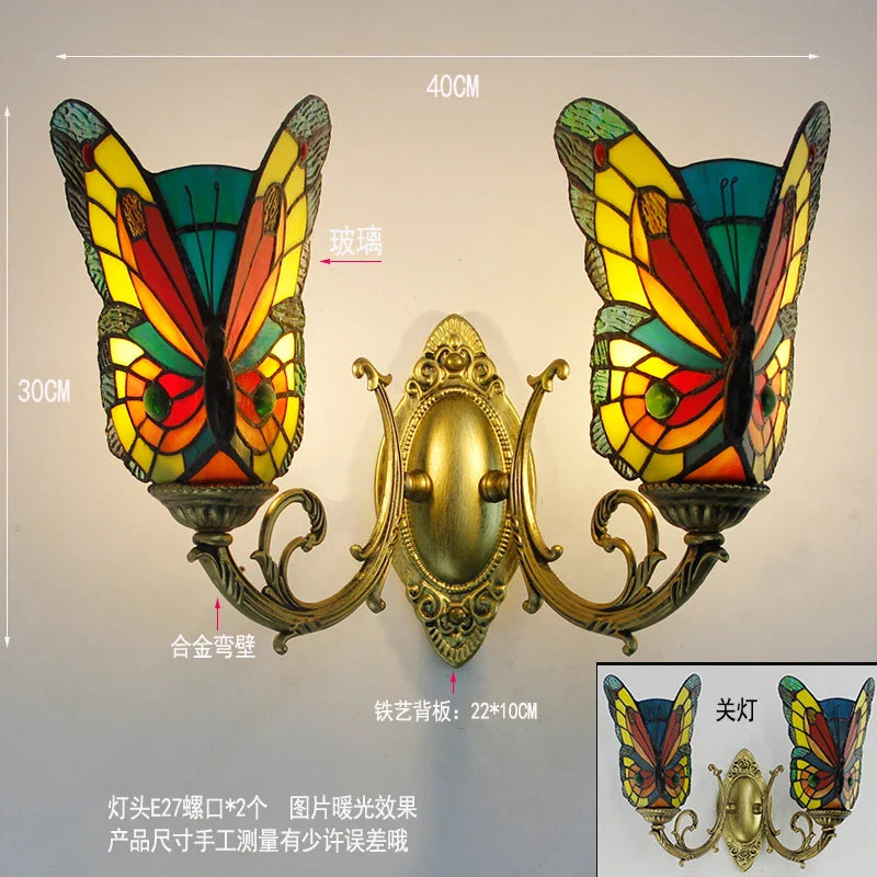 Butterfly Glass Sconces LED Wall Lamps Tiffany Mediterranean Bedroom Lighting