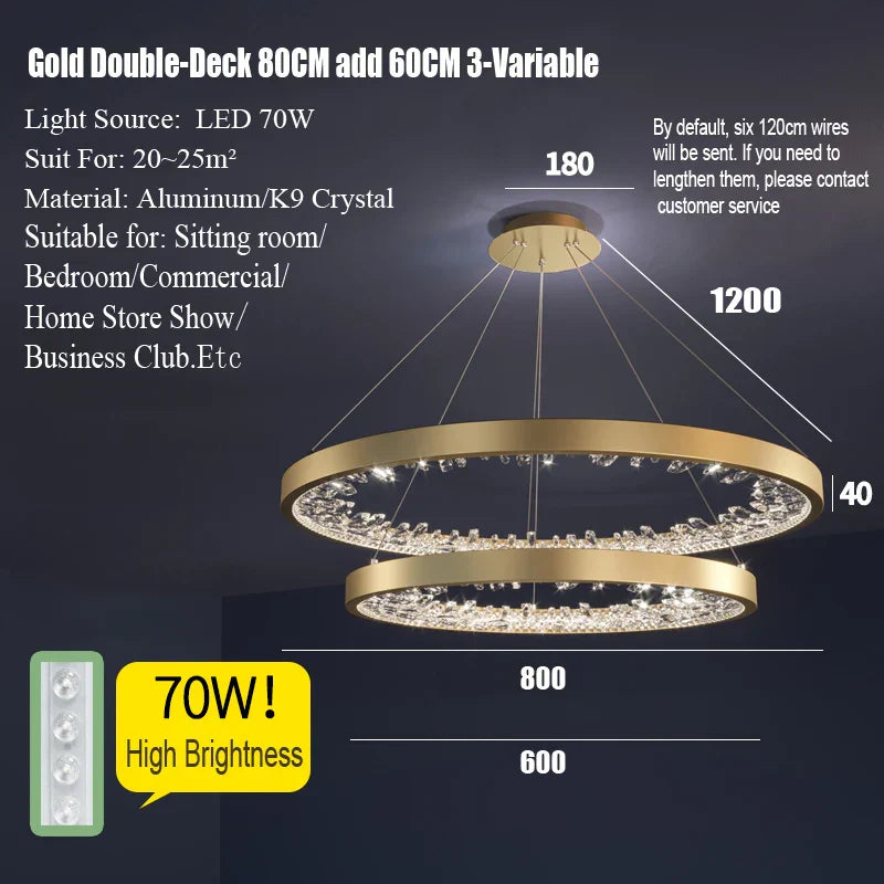 Crystal LED Chandelier Circle Hanging Lamp - Modern Luxury Dimmable Lighting