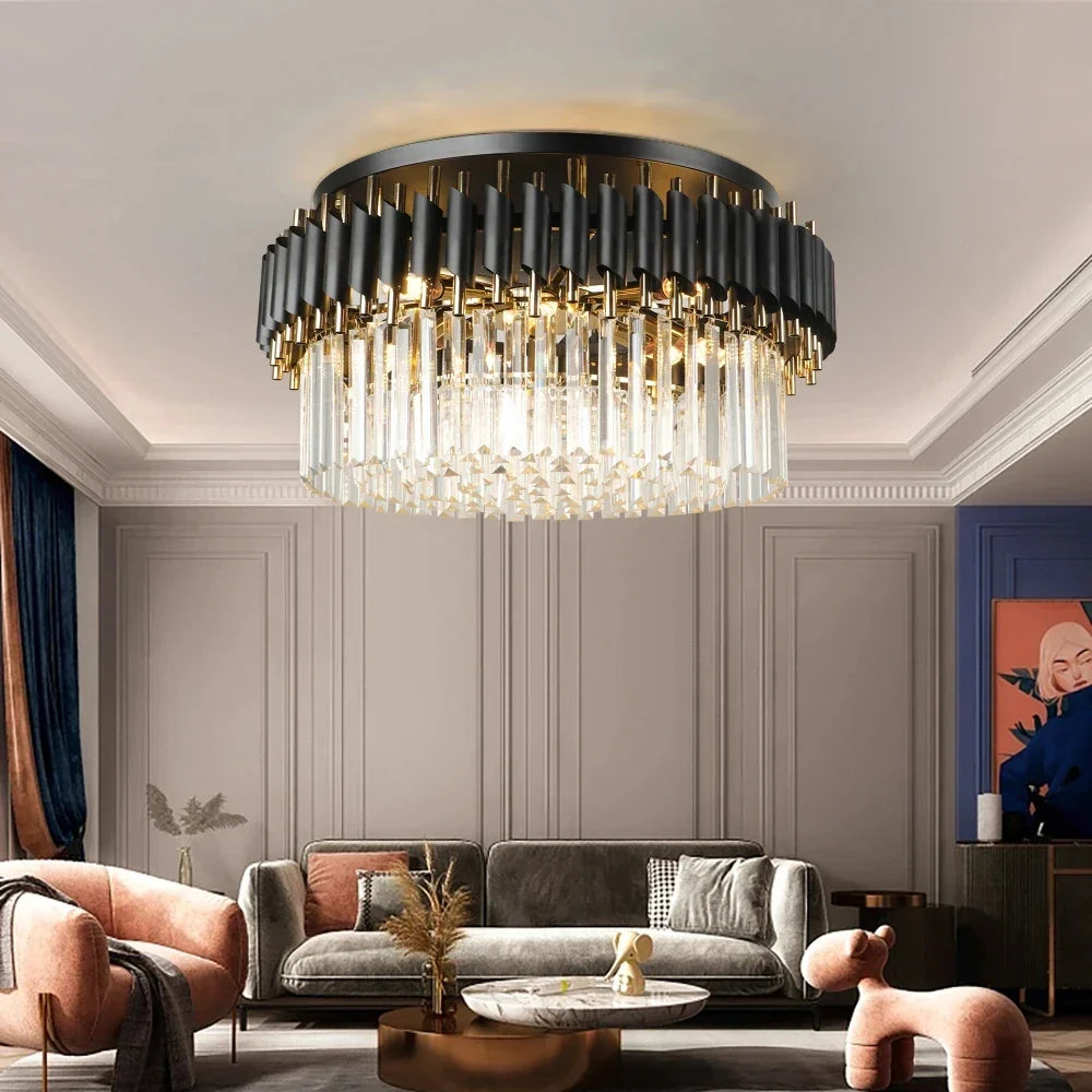 Gold Black Crystal Ceiling Chandelier – Modern LED Round Kitchen Pendant Lamps