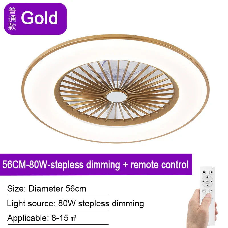 Modern Black 56cm Round Ceiling Fan with LED Light and Remote Control