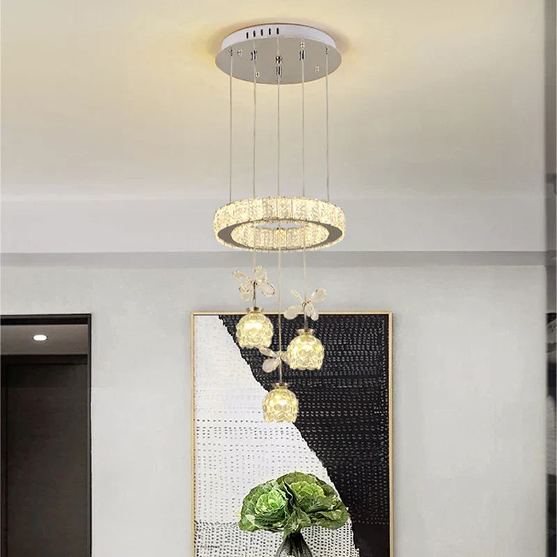 Crystal Petal Ceiling Chandelier: Modern Round Chrome Hanging Light for Home Decor