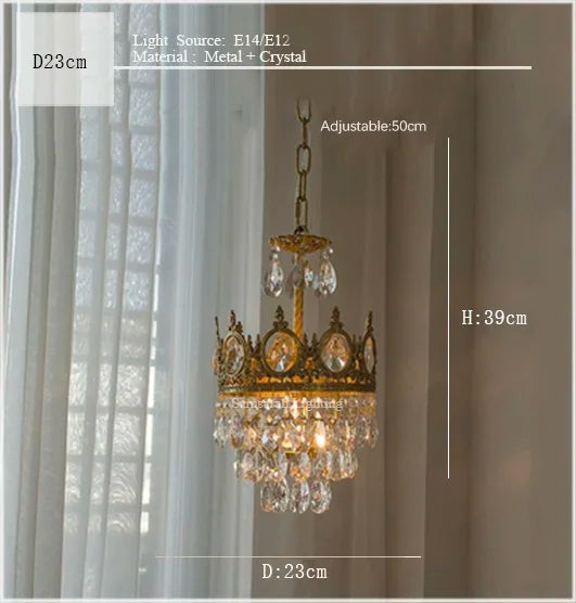 Crown Crystal Chandelier - Golden Vintage LED Pendant for Elegant Indoor Lighting
