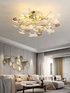 Gold Branches Chandelier with Porcelain Leaves Pendant Light - Luxury Living room Decor