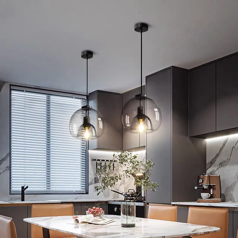 Smoke Gray Glass Pendant Lights: Minimalist Nordic LED Industrial Hanging Lamp