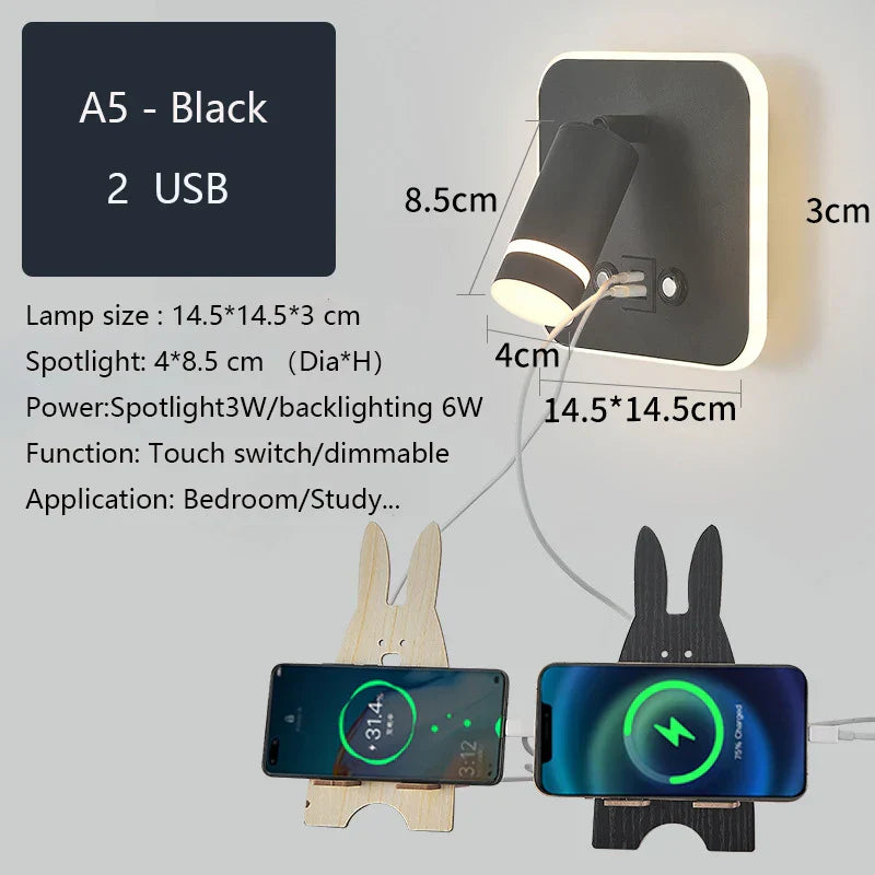 LED Wall Sconce Lamp Touch Switch USB Bedside Reading Light Tri-color Diammable