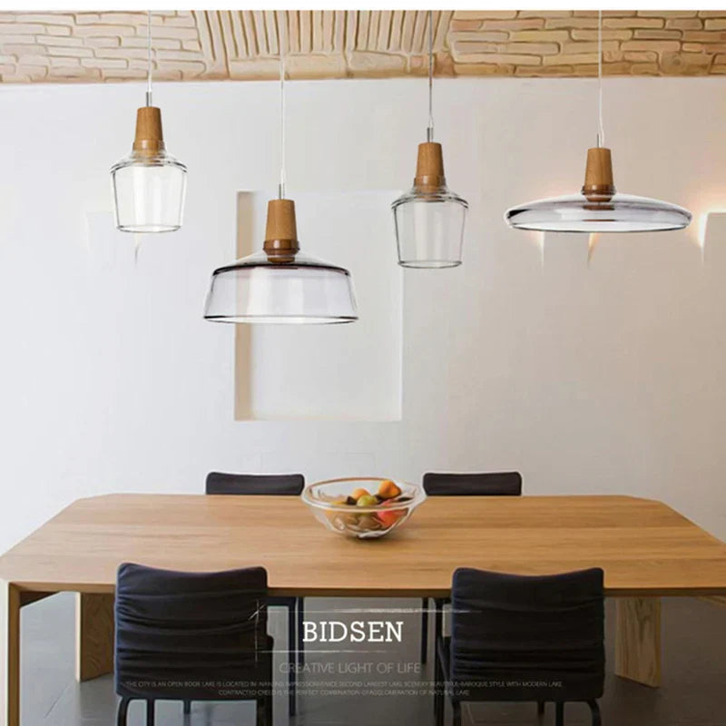 Glass & Wood Pendant Light: Modern Nordic Hanging Lamp for Bar, Table, Dining - Gray Retro Decor