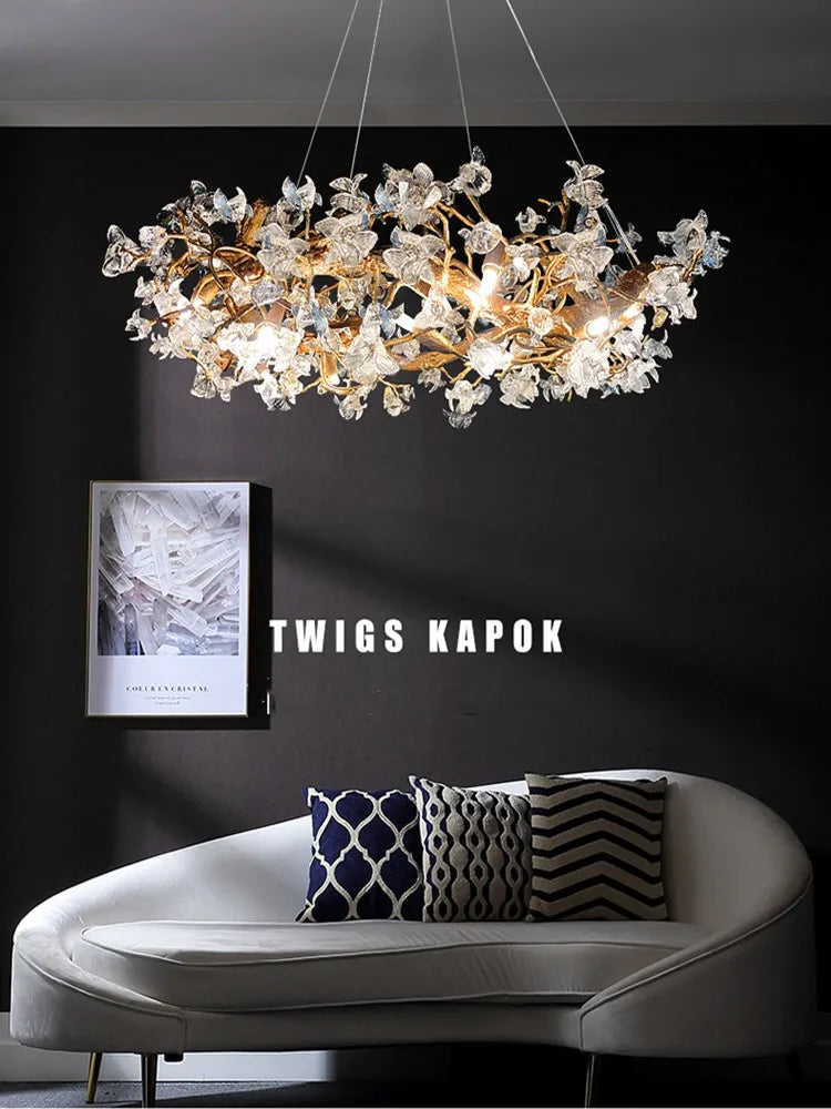 LED Crystal Pendant Chandelier with Handmade Kapok Flower Glass Branches