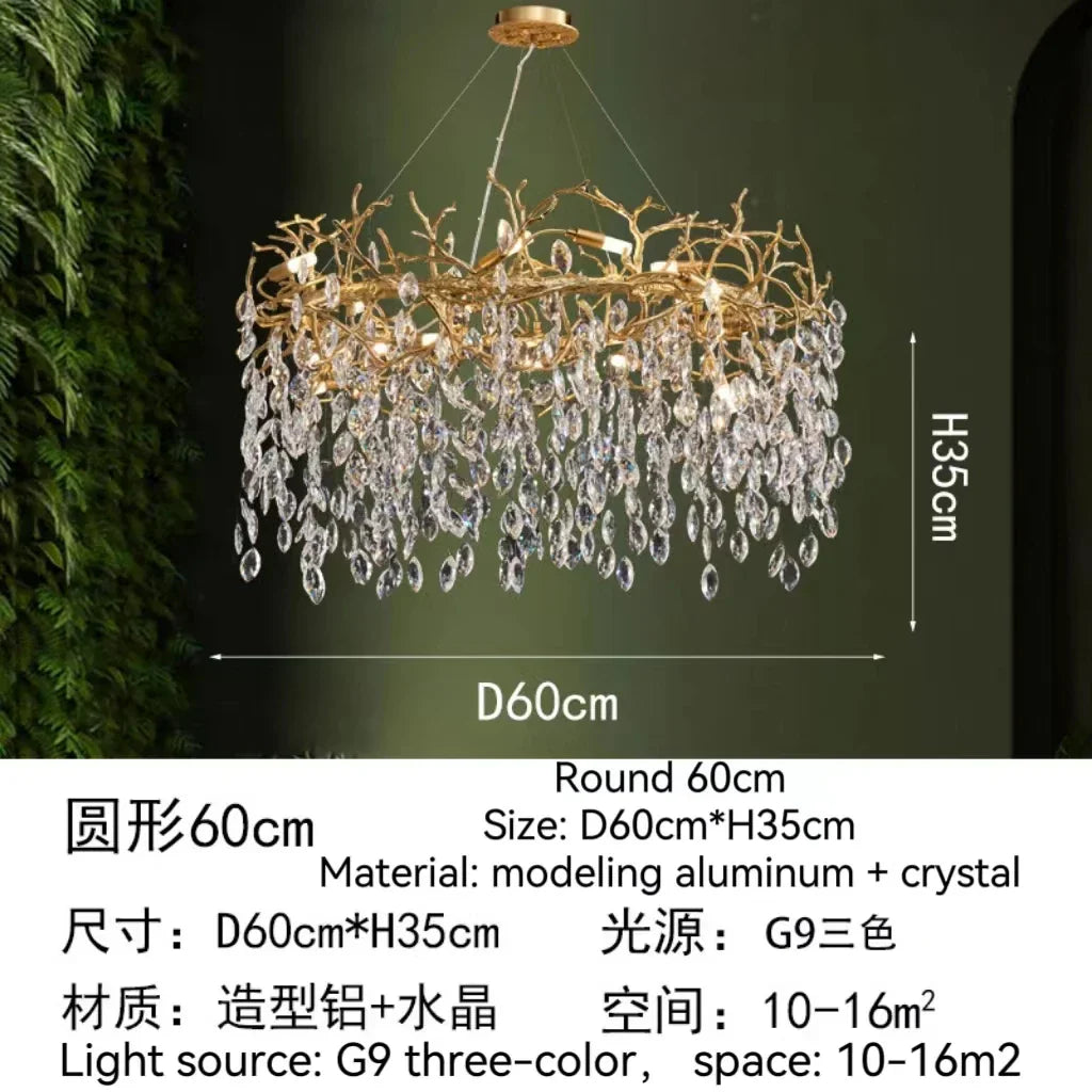 Golden Crystal Tree Chandelier, Luxury Matte Aluminum Art Ceiling Light for Living Room