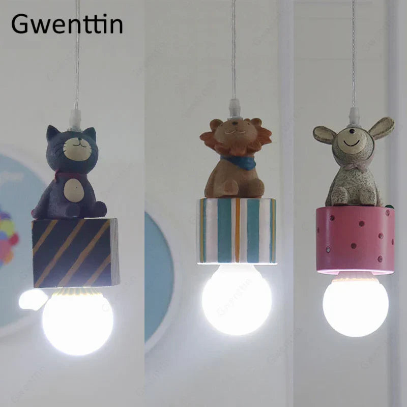 Kids Animal Pendant Lamp: Rabbit Lion Cat LED Ceiling Light Fixture