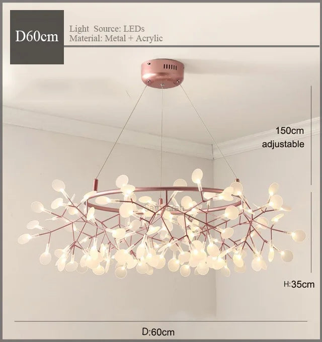 Modern Nordic Hanging Firefly Chandelier - Rose Gold and Black Branch Design