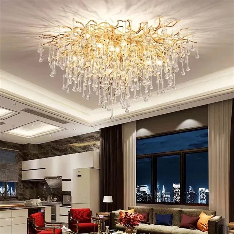 Modern Crystal Gold Tree Branch Ceiling Chandelier for Bedroom and Living Room