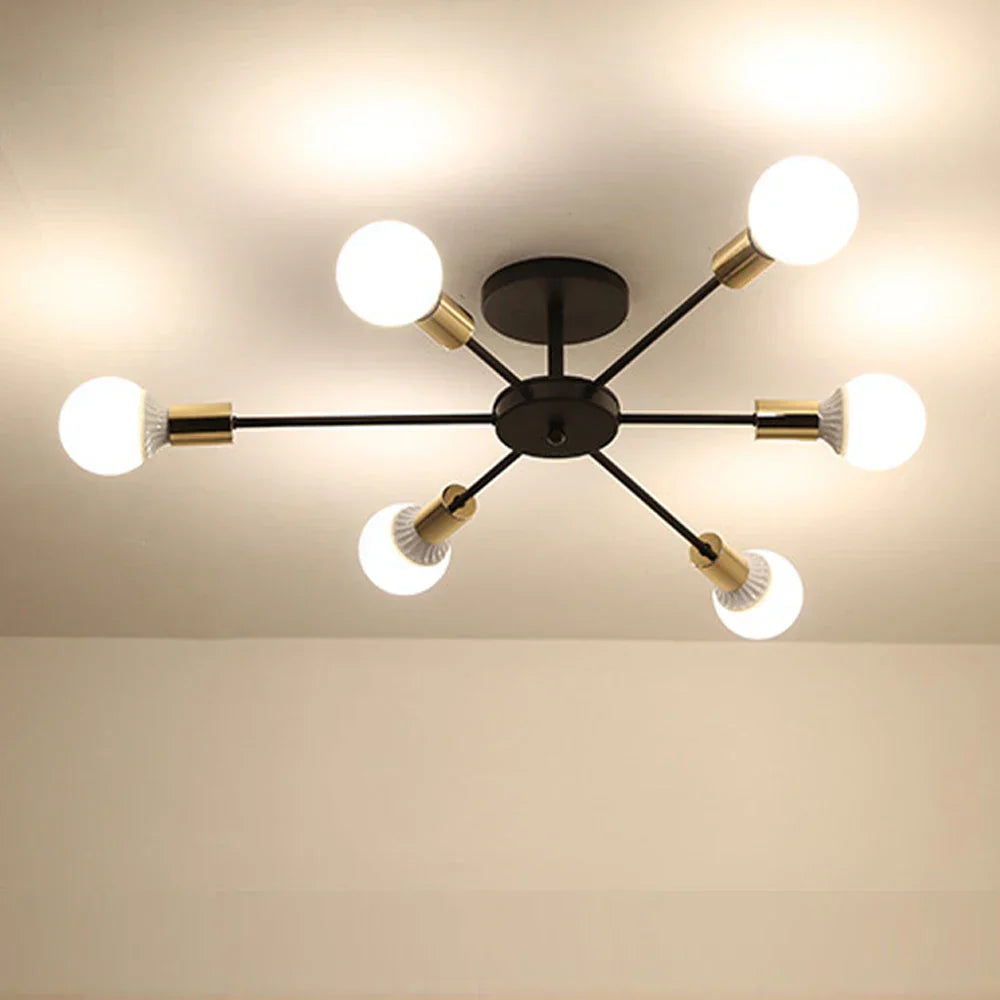 Industrial Rod Iron Wood Sputnik Chandelier Ceiling Lamp LED E27 Home Lighting