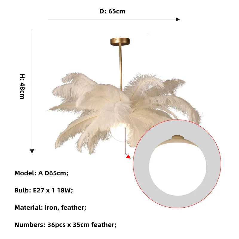 Ostrich Feather Gold Chandelier Lighting: Nordic Style Rod Hanging LED Chandelier for Living Room